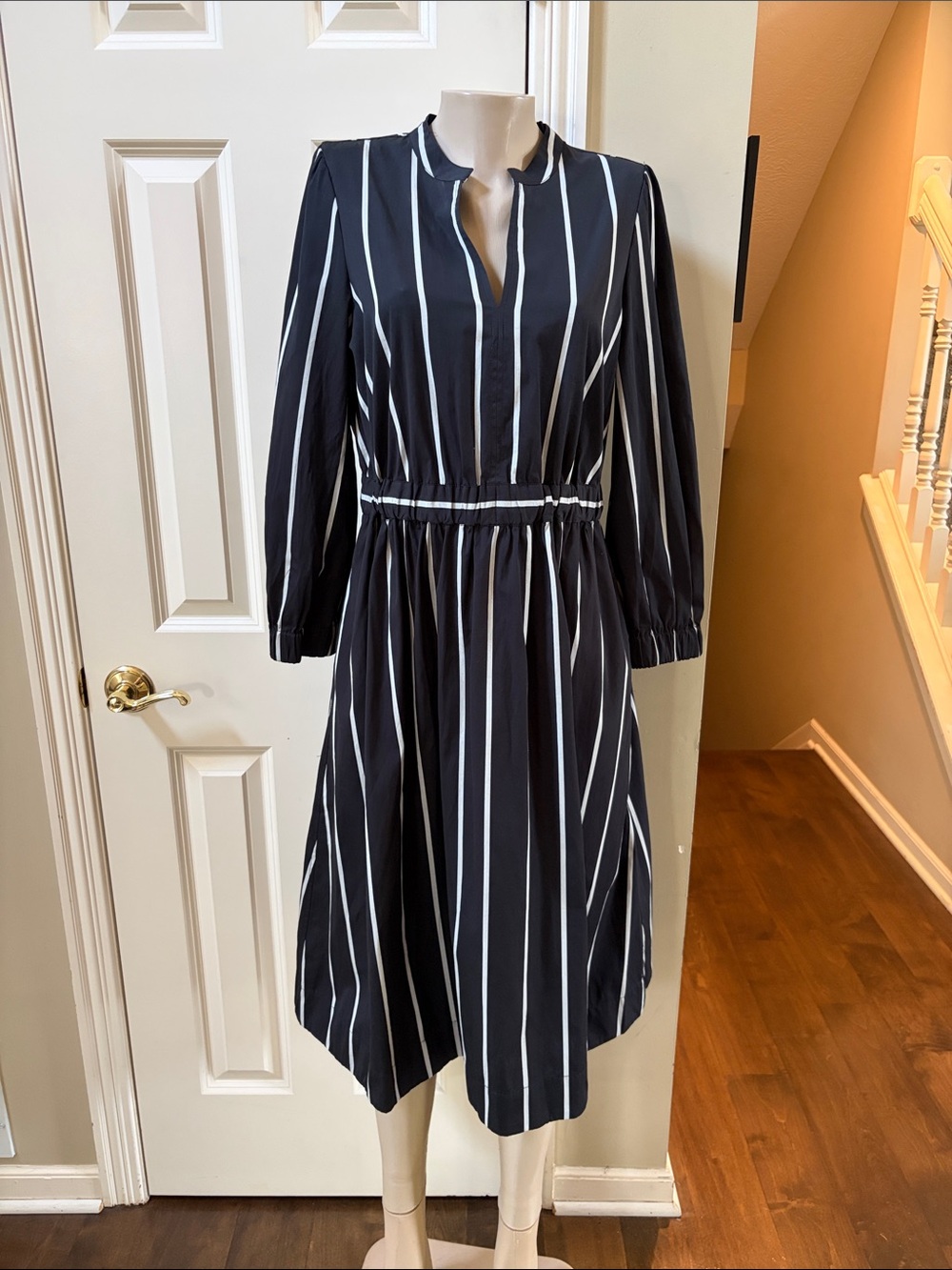 NWT J. Crew Black  and White Vertical Stripe Long Sleeve Midi Dress, med